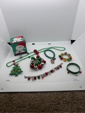 Festive Green and Red Holiday Jingle Bracelet and Necklace Set